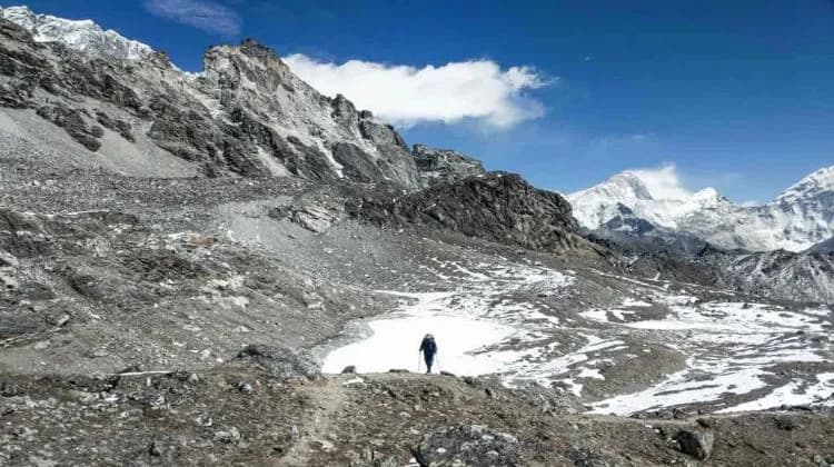 Man walking on the way to Kongma La Pass Trek