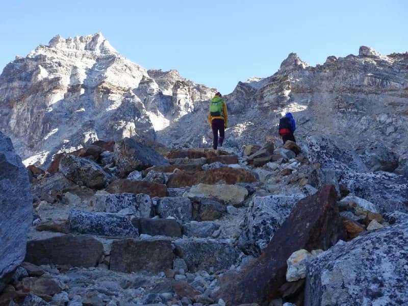 walking on the way to renjo la pass trek